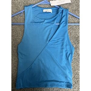 Moment blue sleeveless open front crop top. small
